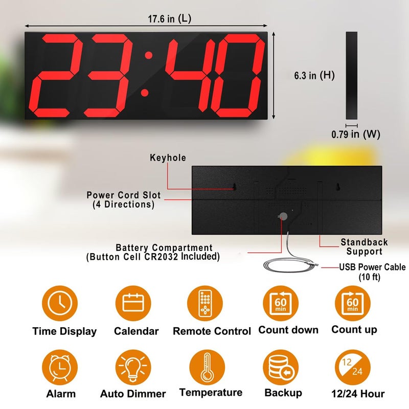 CHKOSDA LED Large Digital Wall Clock, Oversize Wall Clock with 6â€ Numbers, Remote Control Count up/Countdown Timer Clock, Auto Dimmer, Big Calendar and Thermometer(Red) - Image 2